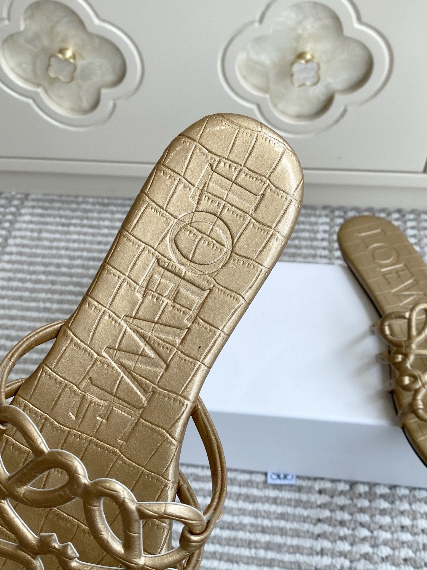 LOEWE 26S SLIDE SANDALS IN GOLD CROC-EMBOSSED CALFSKIN