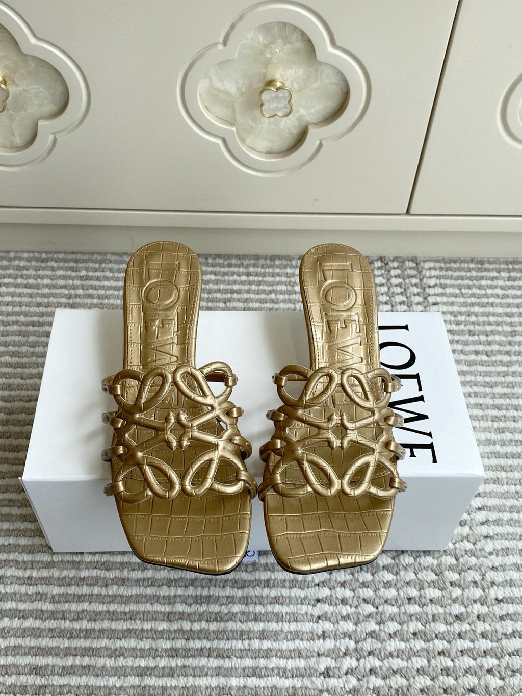 LOEWE 26S HIGH HEEL SANDALS 45MM IN GOLD CROC-EMBOSSED CALFSKIN