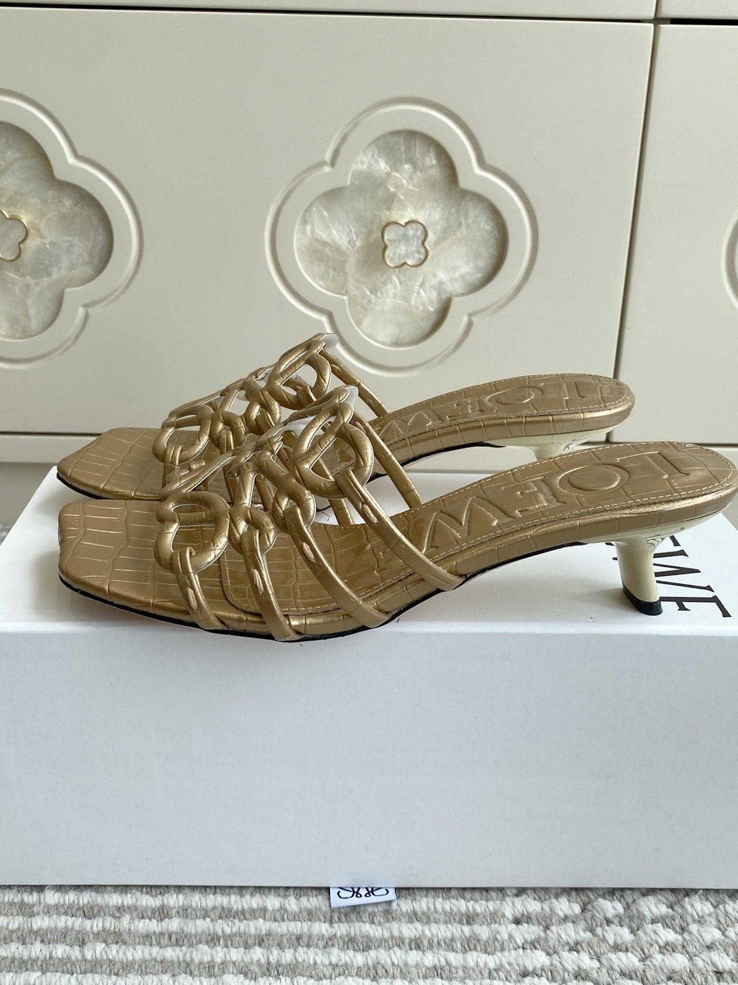 LOEWE 26S HIGH HEEL SANDALS 45MM IN GOLD CROC-EMBOSSED CALFSKIN