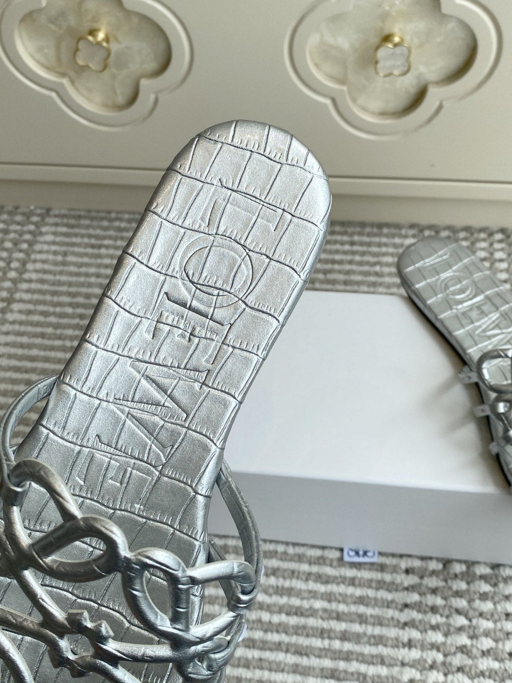 LOEWE 26S SLIDE SANDALS IN SILVER CROC-EMBOSSED CALFSKIN