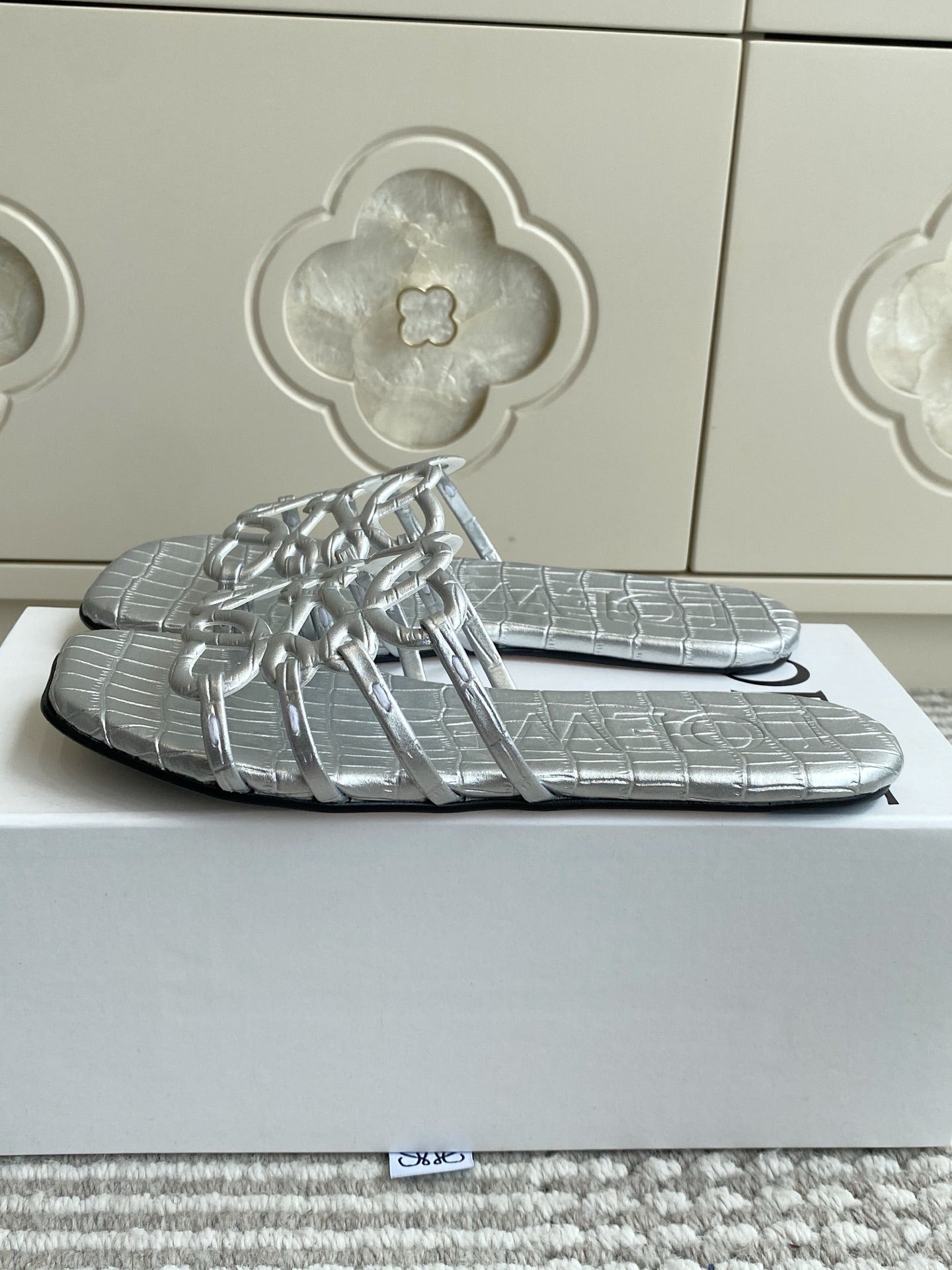 LOEWE 26S SLIDE SANDALS IN SILVER CROC-EMBOSSED CALFSKIN