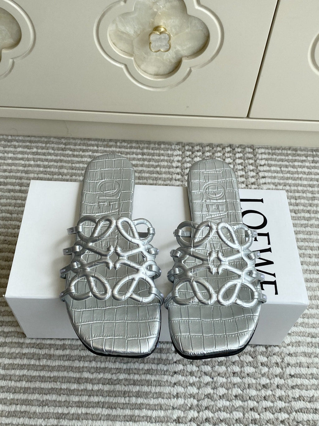 LOEWE 26S SLIDE SANDALS IN SILVER CROC-EMBOSSED CALFSKIN