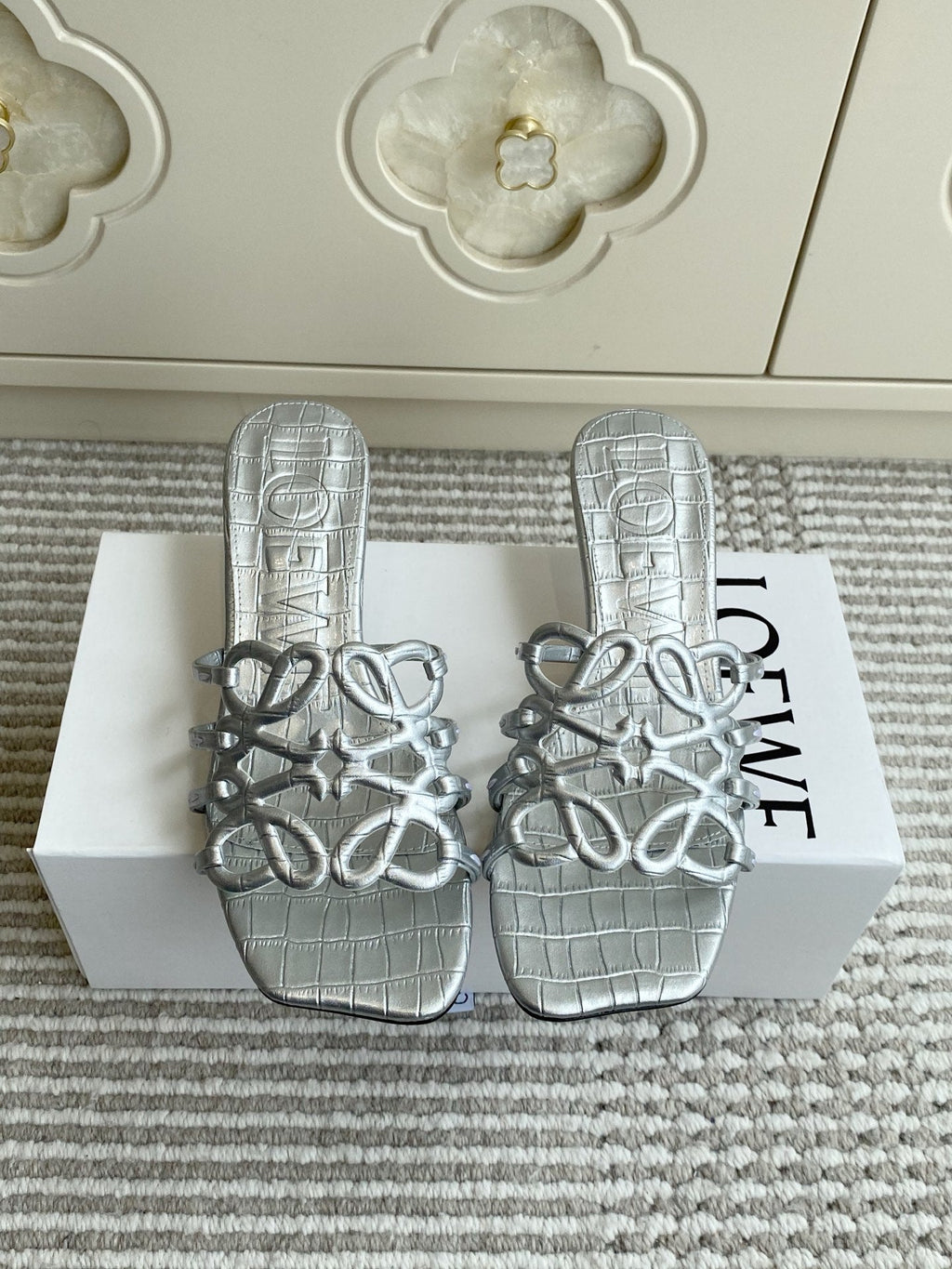 LOEWE 26S HIGH HEEL SANDALS 45MM IN SILVER CROC-EMBOSSED CALFSKIN