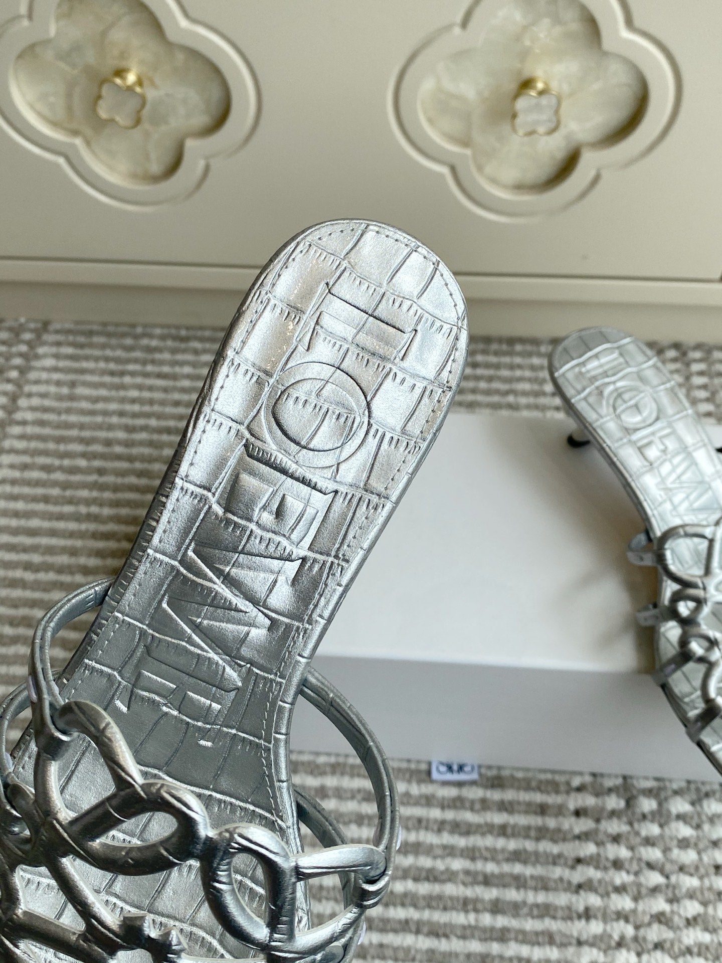 LOEWE 26S HIGH HEEL SANDALS 45MM IN SILVER CROC-EMBOSSED CALFSKIN