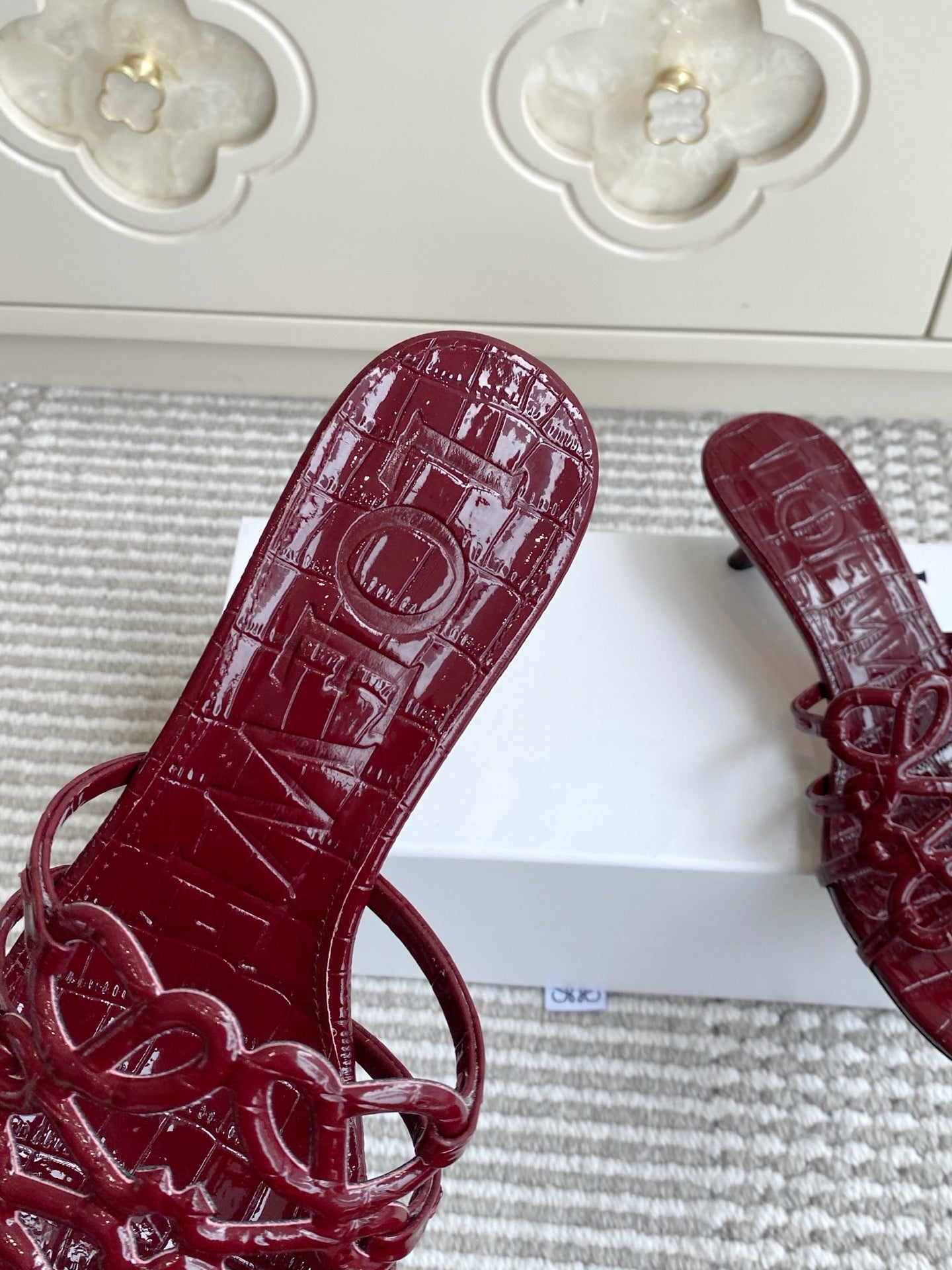 LOEWE 26S HIGH HEEL SANDALS 45MM IN BURGUNDY RED CROC-EMBOSSED PATENT CALFSKIN