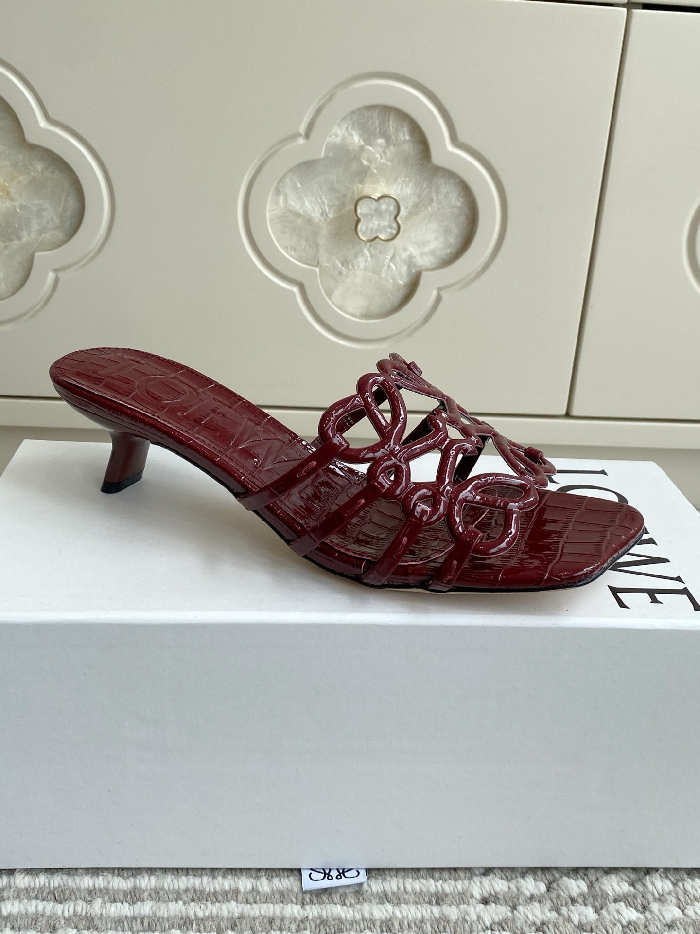 LOEWE 26S HIGH HEEL SANDALS 45MM IN BURGUNDY RED CROC-EMBOSSED PATENT CALFSKIN