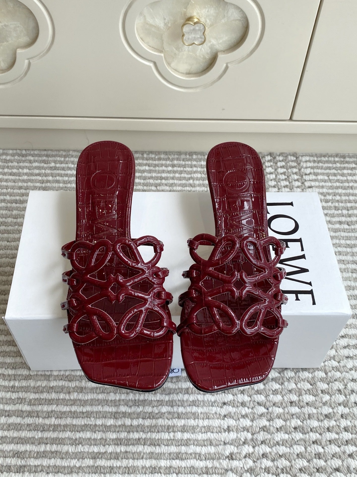 LOEWE 26S HIGH HEEL SANDALS 45MM IN BURGUNDY RED CROC-EMBOSSED PATENT CALFSKIN