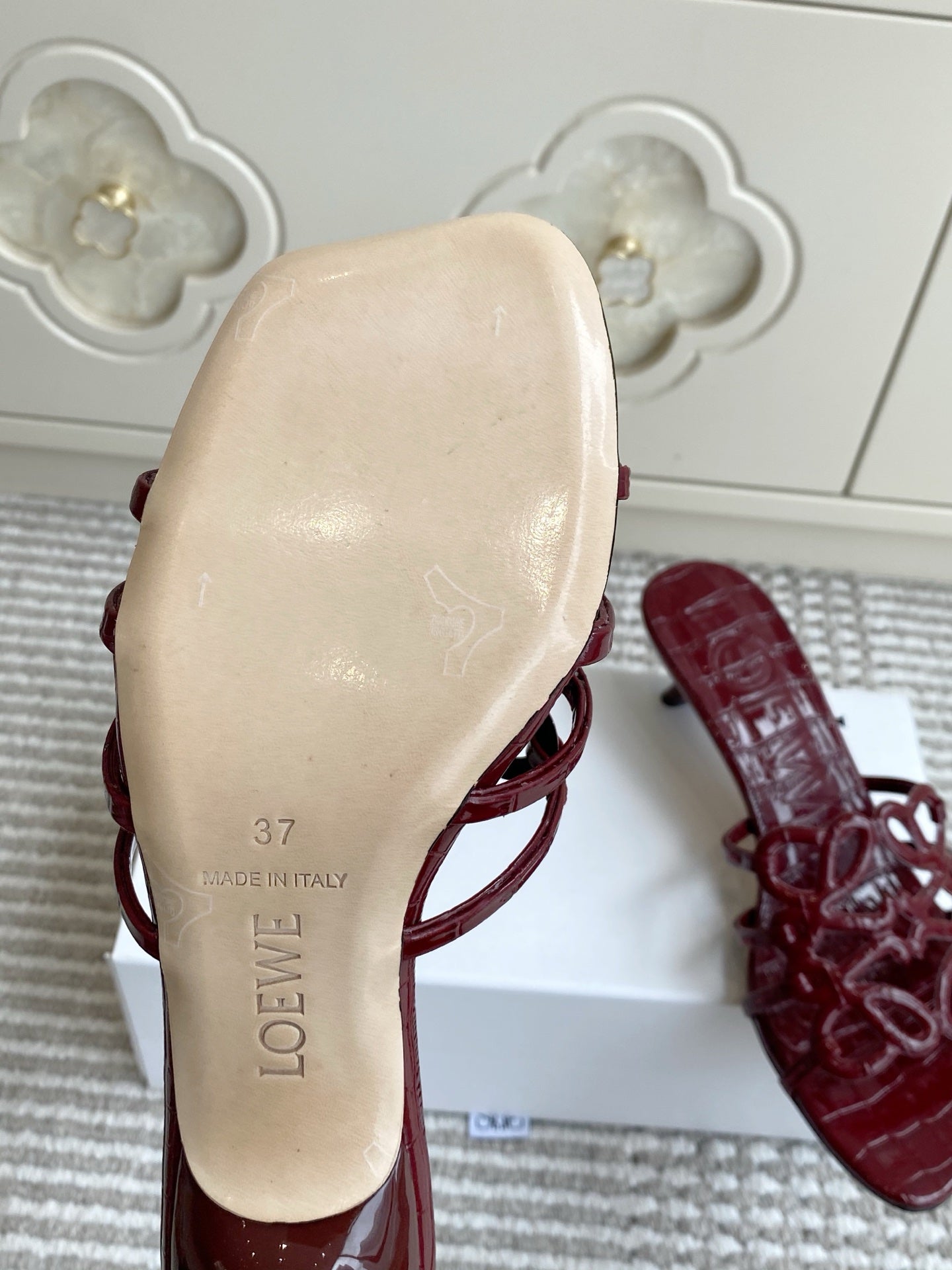 LOEWE 26S HIGH HEEL SANDALS 45MM IN BURGUNDY RED CROC-EMBOSSED PATENT CALFSKIN