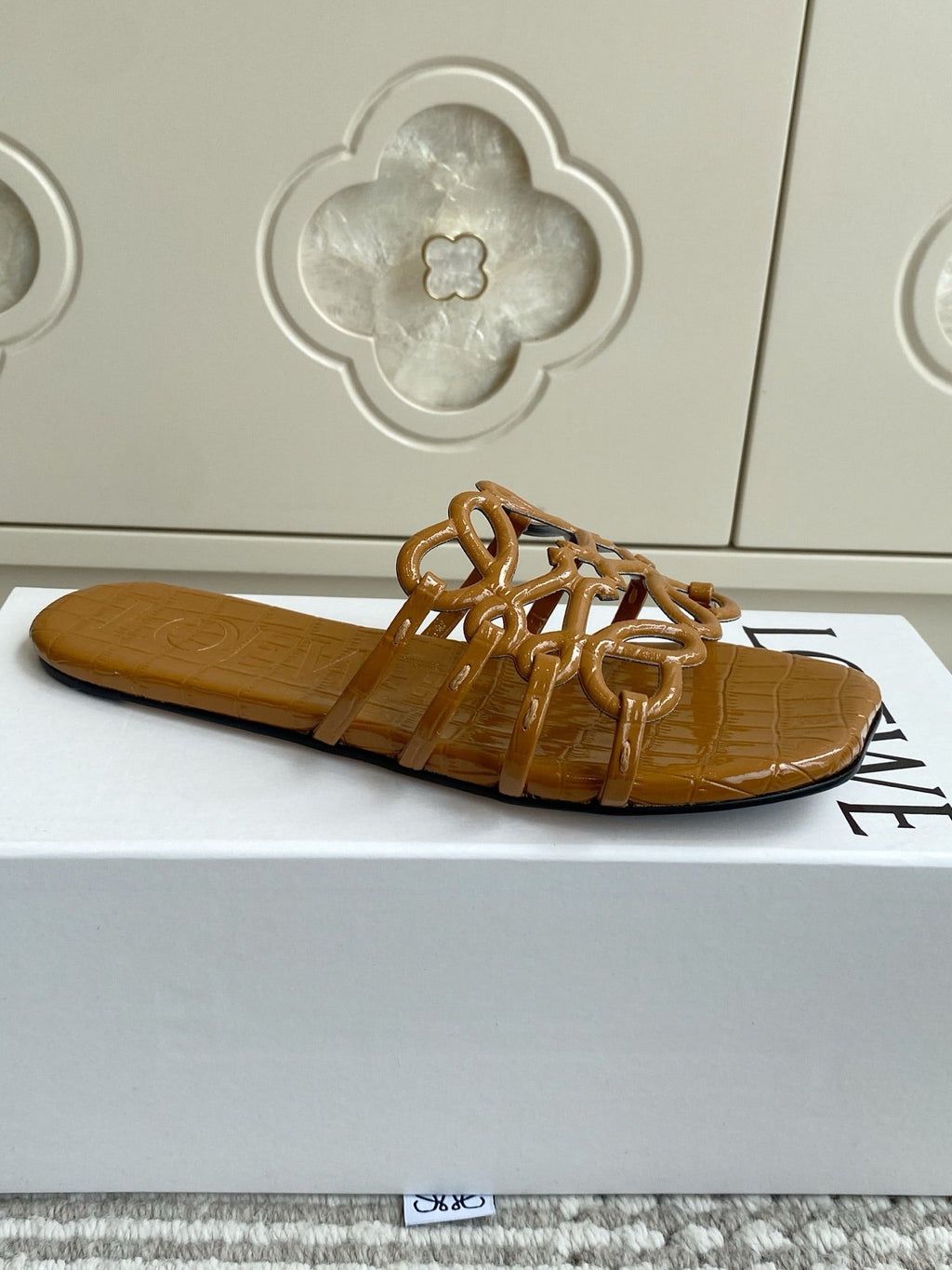 LOEWE 26S SLIDE SANDALS IN CARAMEL BROWN CROC-EMBOSSED PATENT CALFSKIN