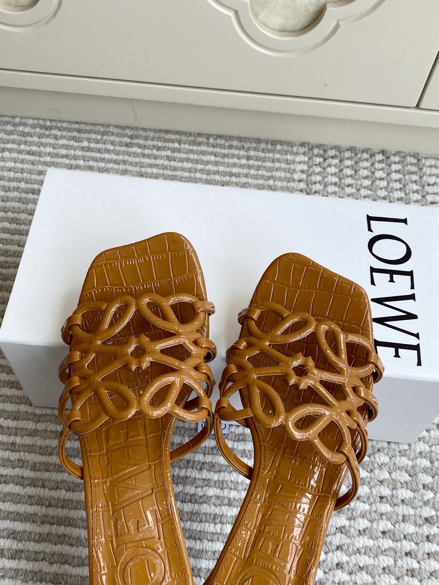 LOEWE 26S HIGH HEEL SANDALS 45MM IN CARAMEL BROWN CROC-EMBOSSED PATENT CALFSKIN