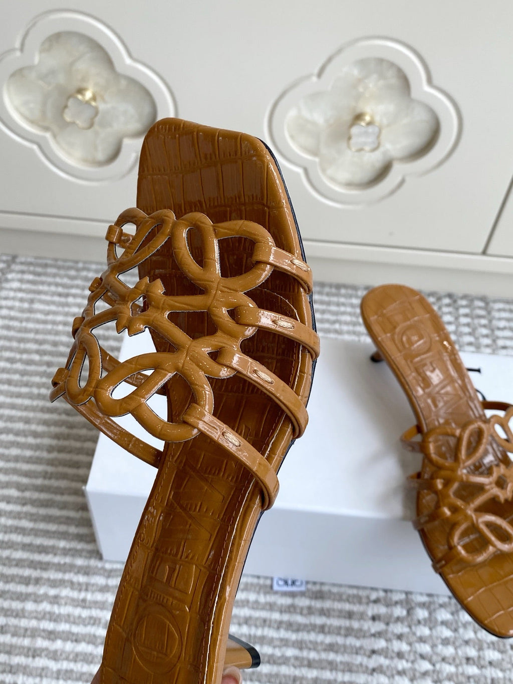 LOEWE 26S HIGH HEEL SANDALS 45MM IN CARAMEL BROWN CROC-EMBOSSED PATENT CALFSKIN