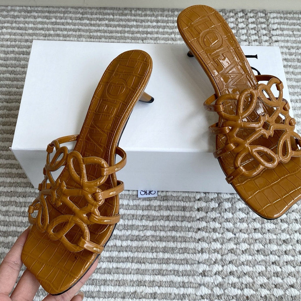 LOEWE 26S HIGH HEEL SANDALS 45MM IN CARAMEL BROWN CROC-EMBOSSED PATENT CALFSKIN