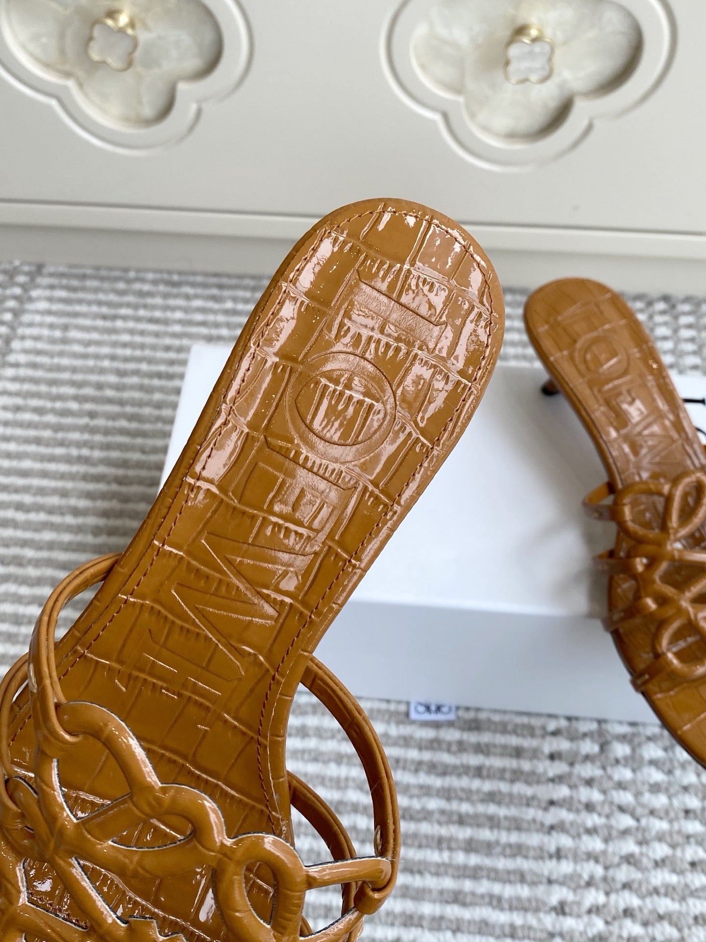 LOEWE 26S HIGH HEEL SANDALS 45MM IN CARAMEL BROWN CROC-EMBOSSED PATENT CALFSKIN