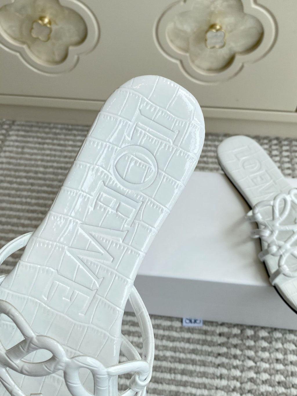 LOEWE 26S SLIDE SANDALS IN WHITE CROC-EMBOSSED CALFSKIN