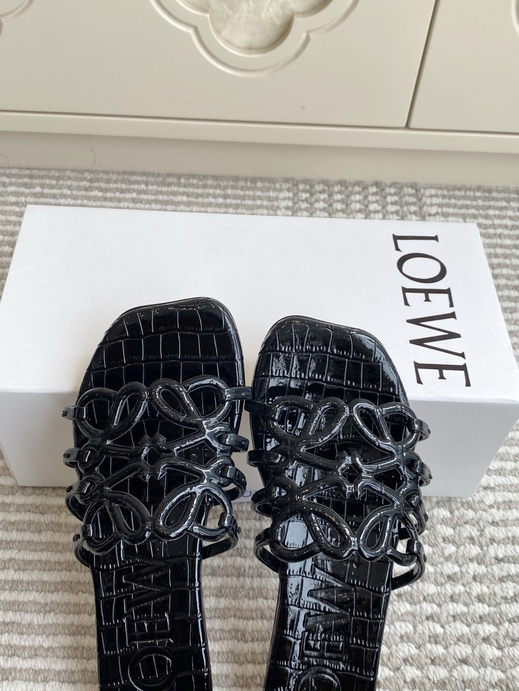 LOEWE 26S SLIDE SANDALS IN BLACK CROC-EMBOSSED PATENT CALFSKIN