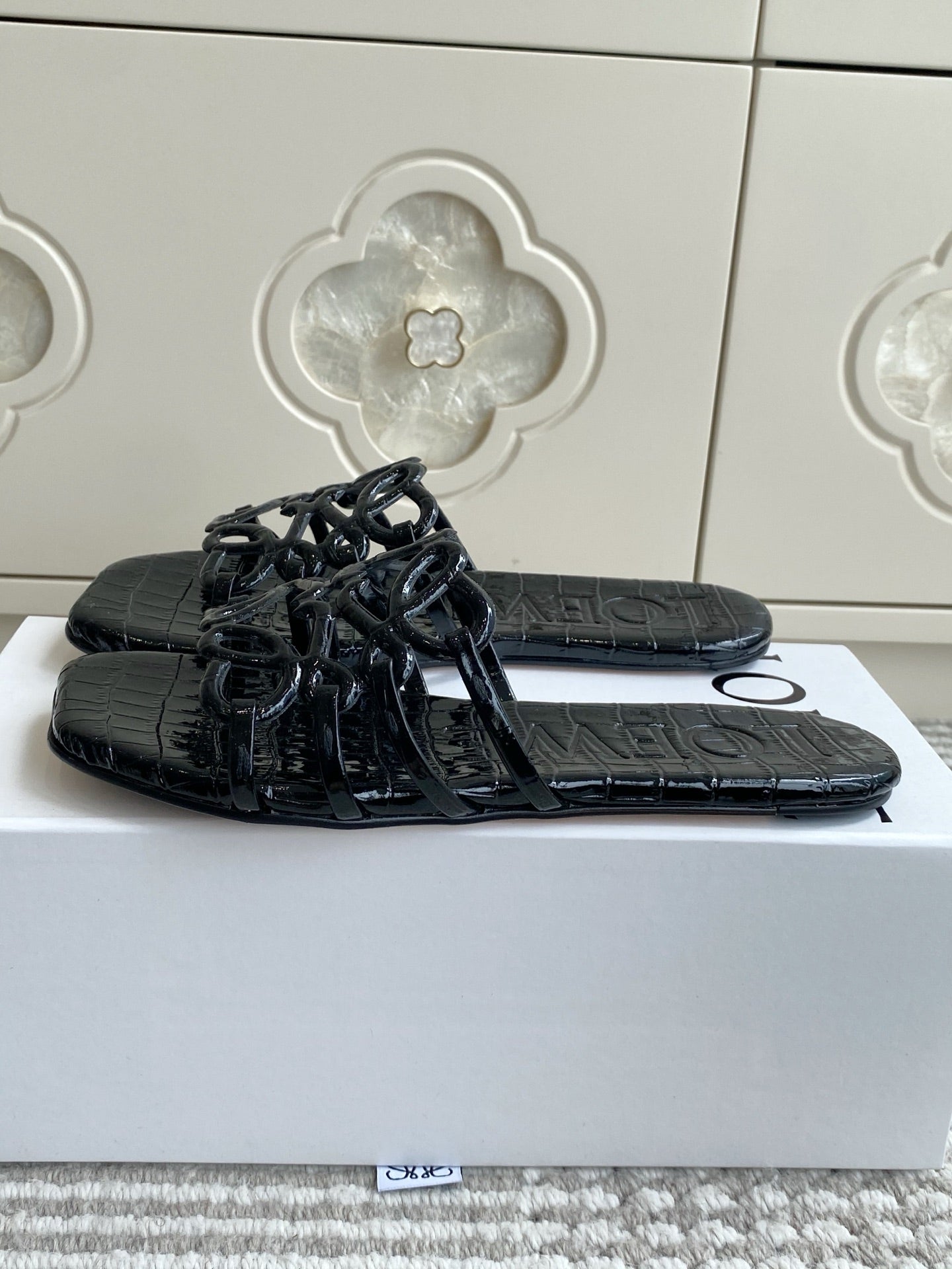 LOEWE 26S SLIDE SANDALS IN BLACK CROC-EMBOSSED PATENT CALFSKIN