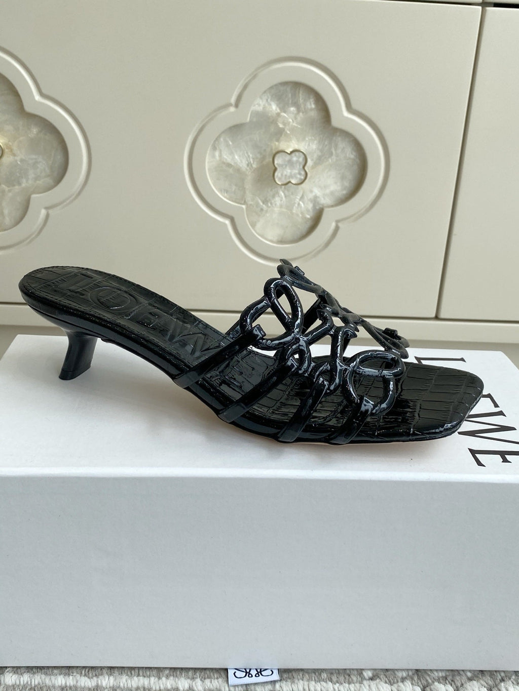LOEWE 26S HIGH HEEL SANDALS 45MM IN BLACK CROC-EMBOSSED PATENT CALFSKIN