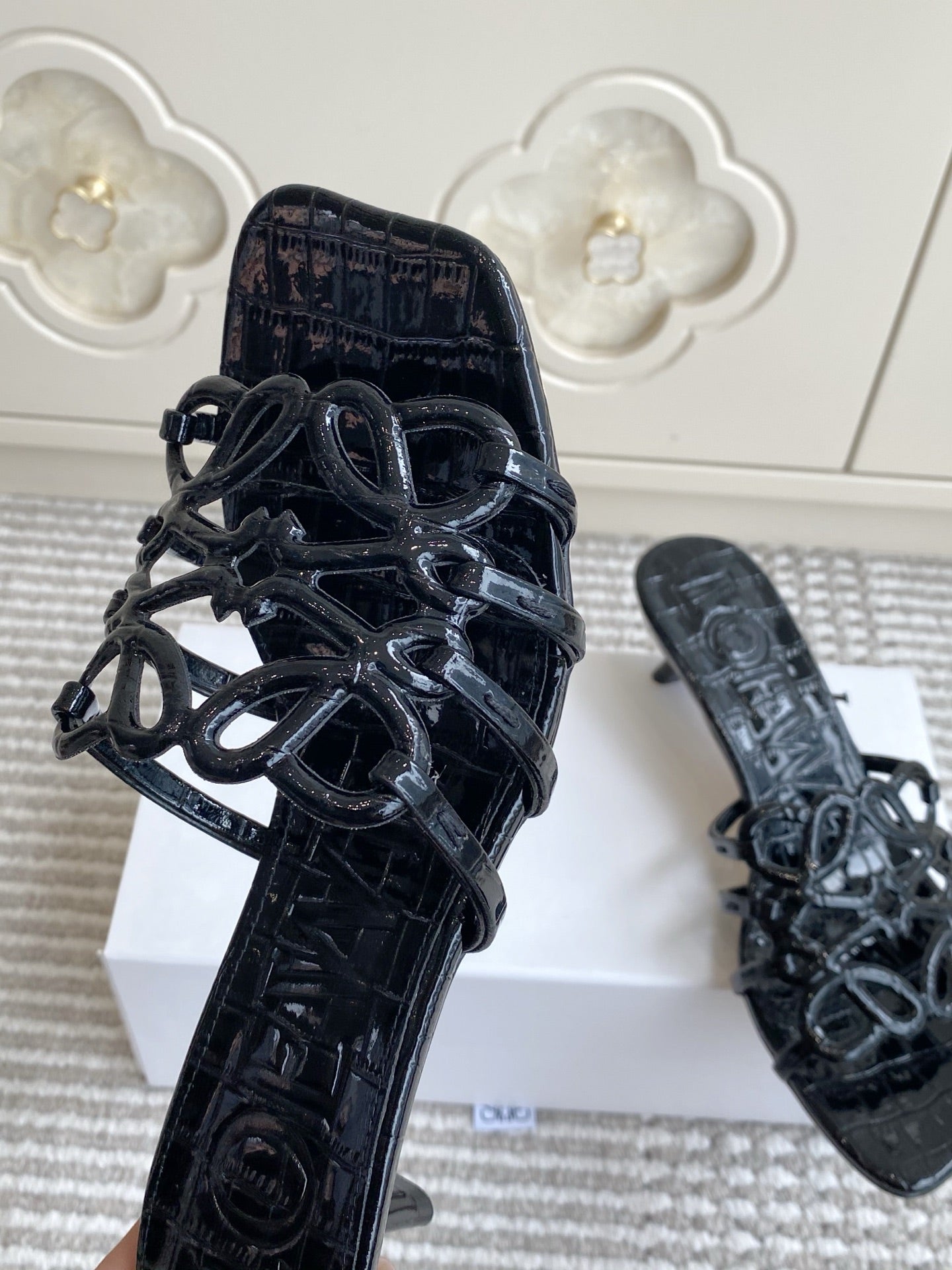 LOEWE 26S HIGH HEEL SANDALS 45MM IN BLACK CROC-EMBOSSED PATENT CALFSKIN
