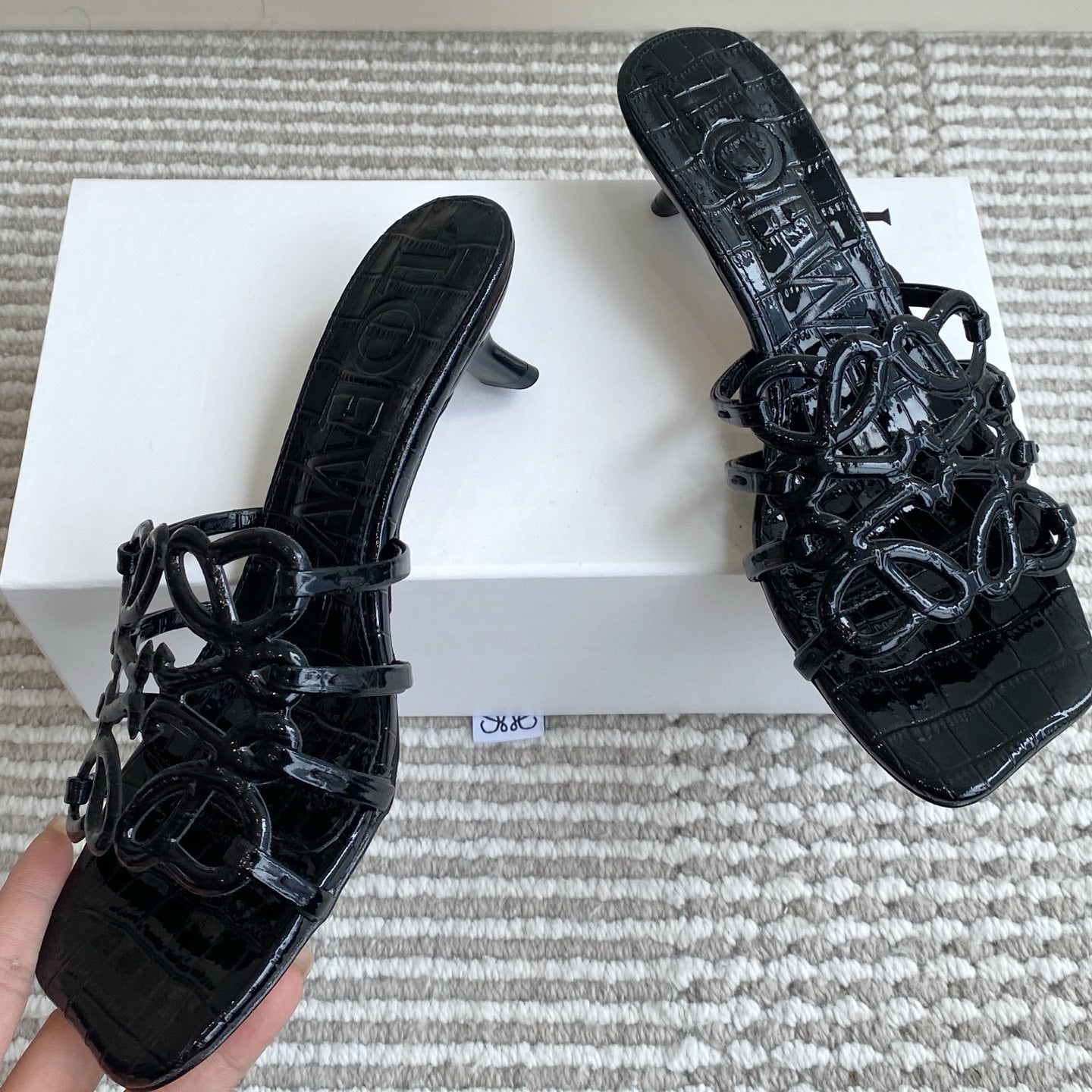 LOEWE 26S HIGH HEEL SANDALS 45MM IN BLACK CROC-EMBOSSED PATENT CALFSKIN