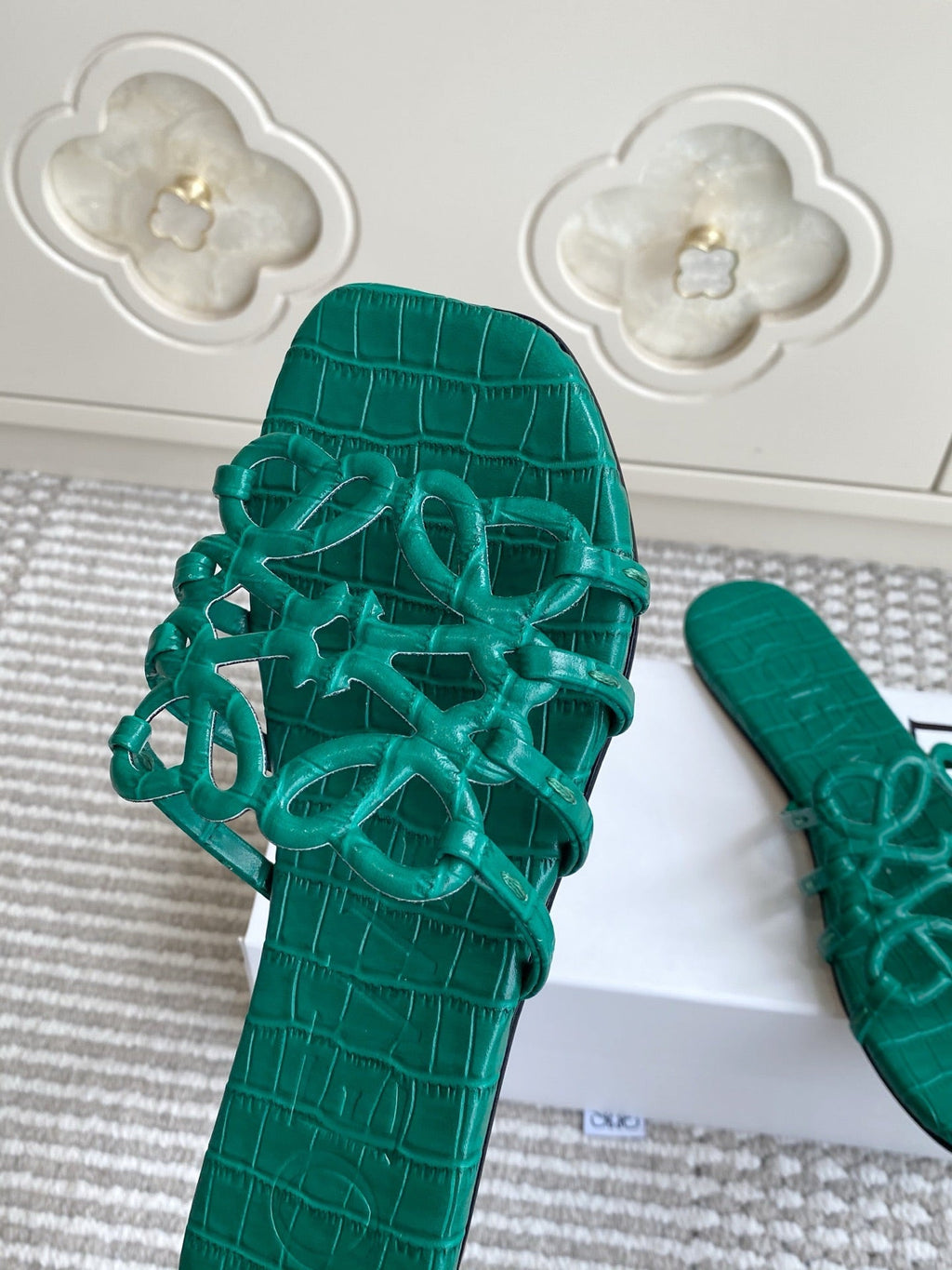 LOEWE 26S SLIDE SANDALS IN GREEN CROC-EMBOSSED CALFSKIN