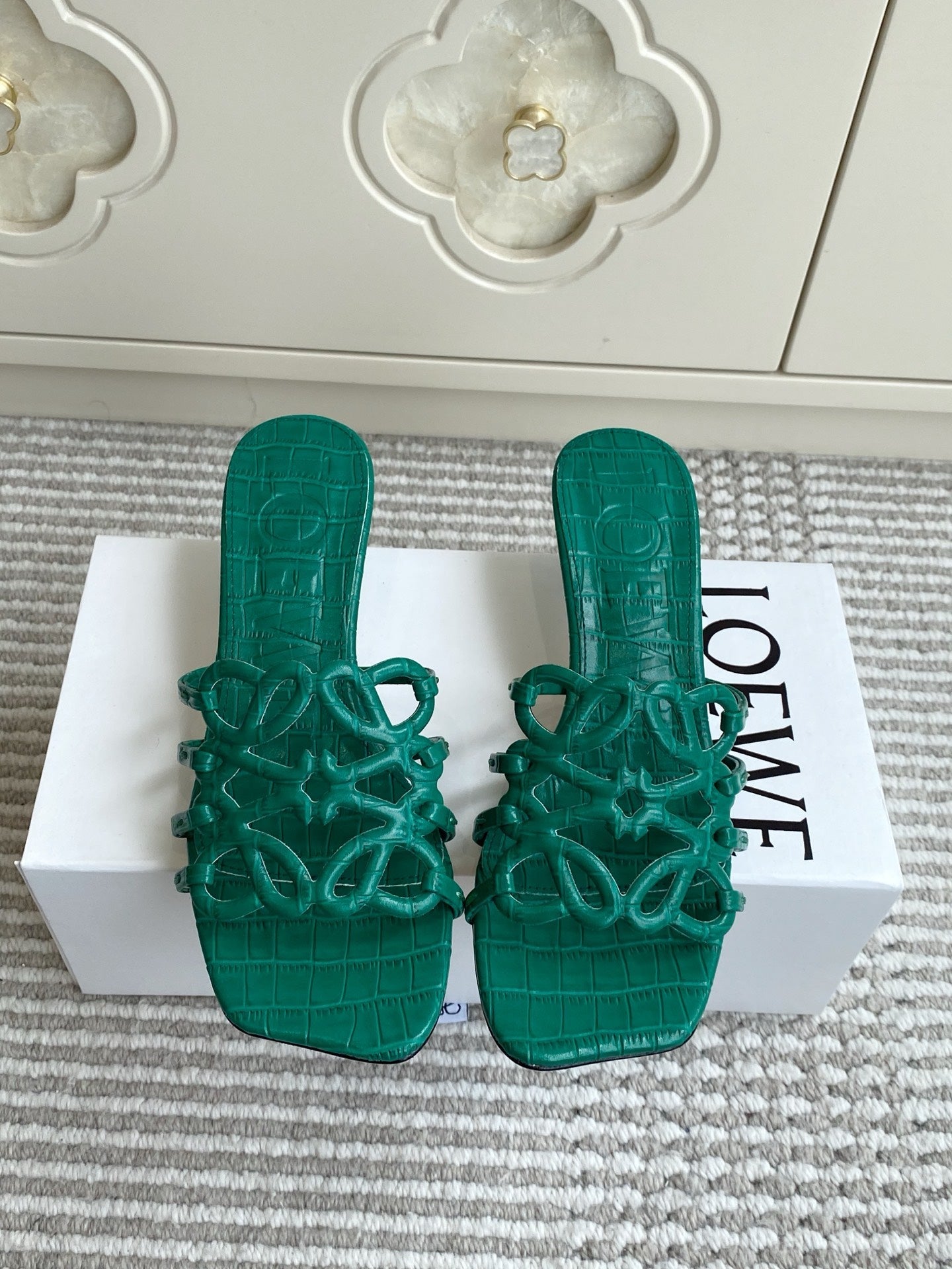 LOEWE 26S HIGH HEEL SANDALS 45MM IN GREEN CROC-EMBOSSED CALFSKIN