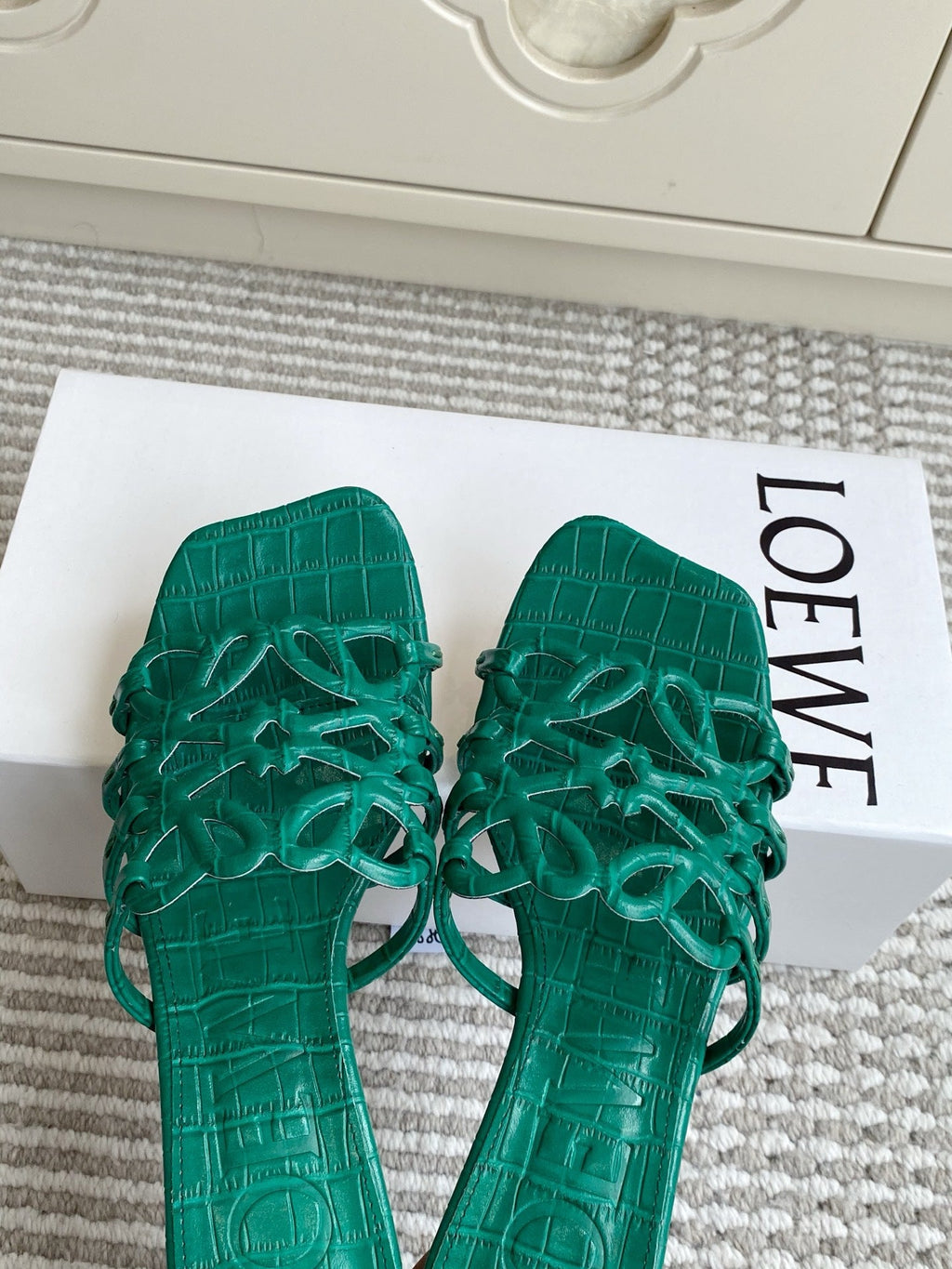 LOEWE 26S HIGH HEEL SANDALS 45MM IN GREEN CROC-EMBOSSED CALFSKIN