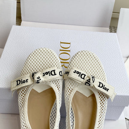 DIOR 26S BALLET FLATS IN IVORY WHITE MESH WITH J'ADIOR BOW
