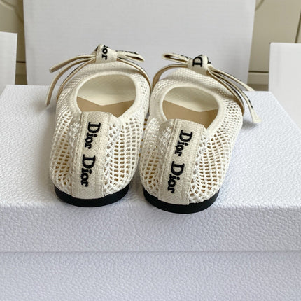 DIOR 26S BALLET FLATS IN IVORY WHITE MESH WITH J'ADIOR BOW