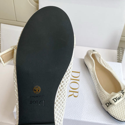 DIOR 26S BALLET FLATS IN IVORY WHITE MESH WITH J'ADIOR BOW