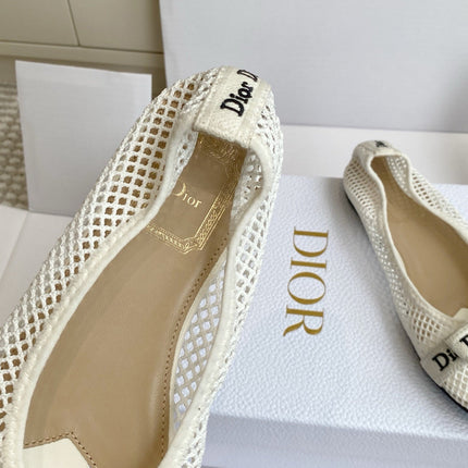 DIOR 26S BALLET FLATS IN IVORY WHITE MESH WITH J'ADIOR BOW