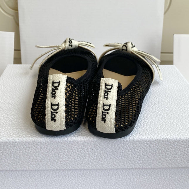DIOR 26S BALLET FLATS IN BLACK MESH WITH J'ADIOR BOW
