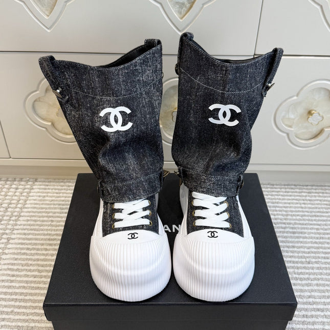 CHANEL 26S HIGH TOP PLATFORM SNEAKER BOOTS IN GREY DENIM