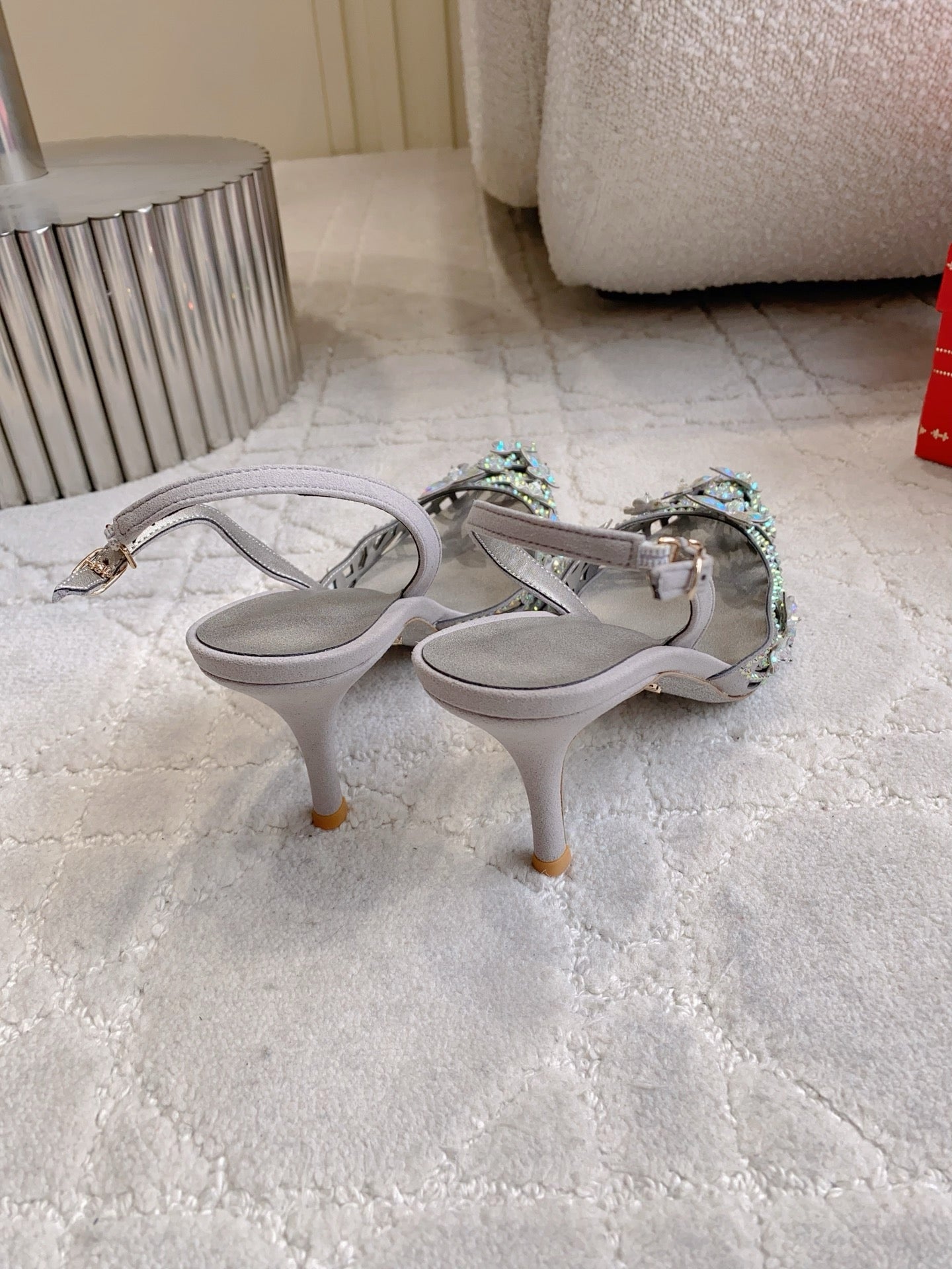 RENE CAOVILLA 26S HEELED SLINGBACKS 65 MM IN GREY CRYSTAL FLOWERS