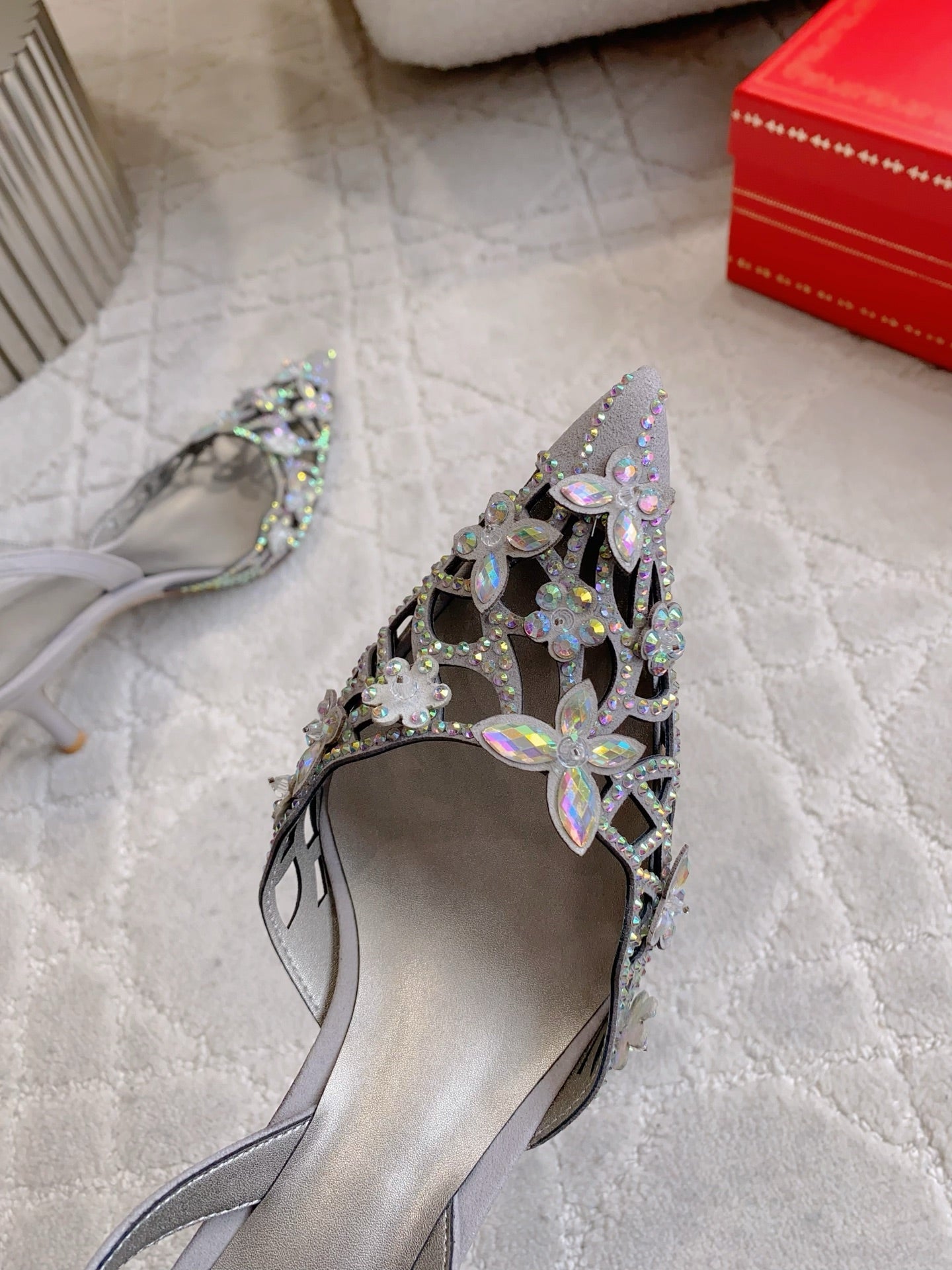 RENE CAOVILLA 26S HEELED SLINGBACKS 65 MM IN GREY CRYSTAL FLOWERS