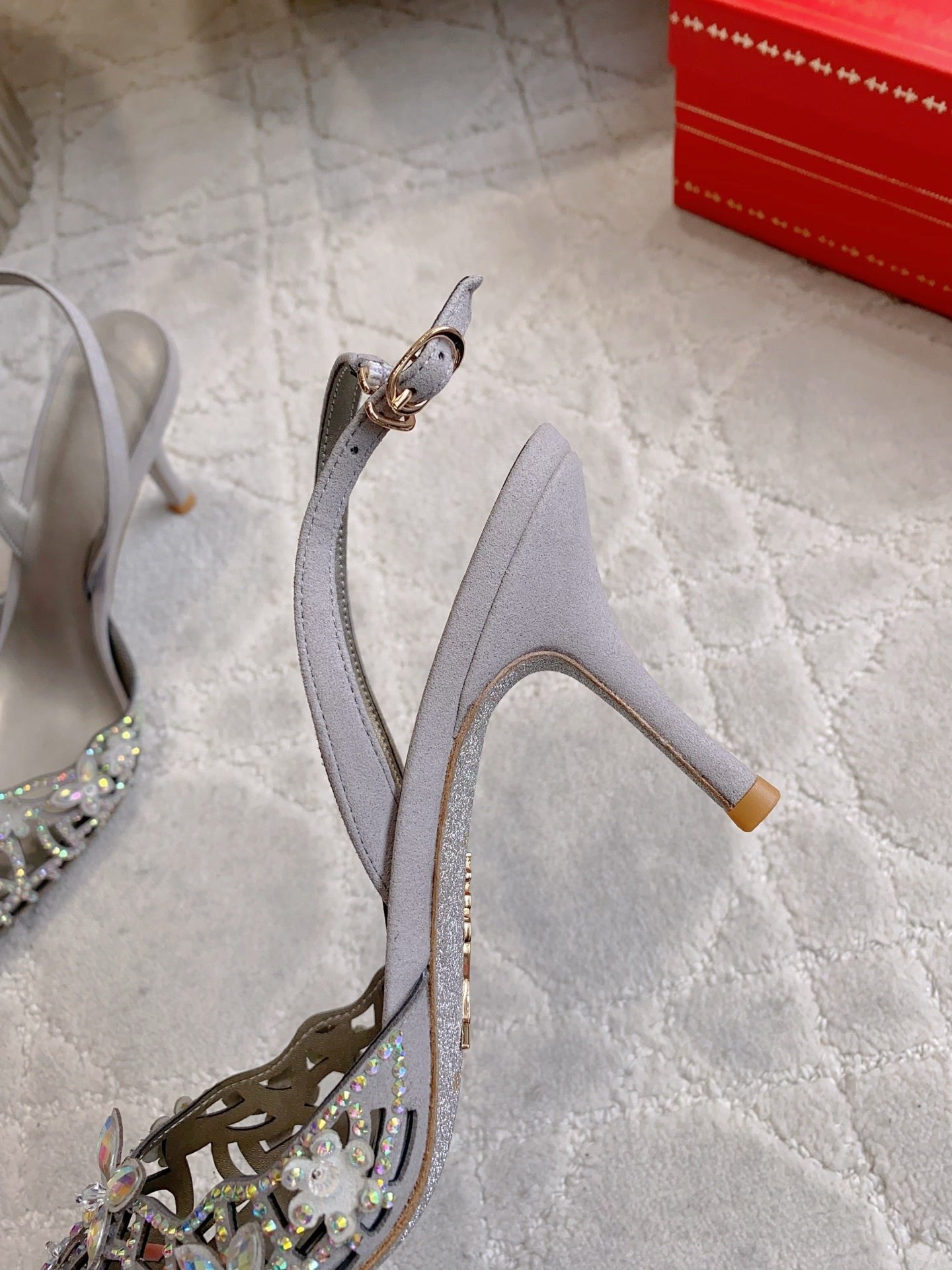 RENE CAOVILLA 26S HEELED SLINGBACKS 65 MM IN GREY CRYSTAL FLOWERS