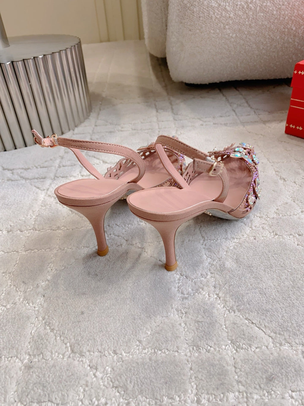RENE CAOVILLA 26S HEELED SLINGBACKS 65 MM IN NUDE PINK CRYSTAL FLOWERS