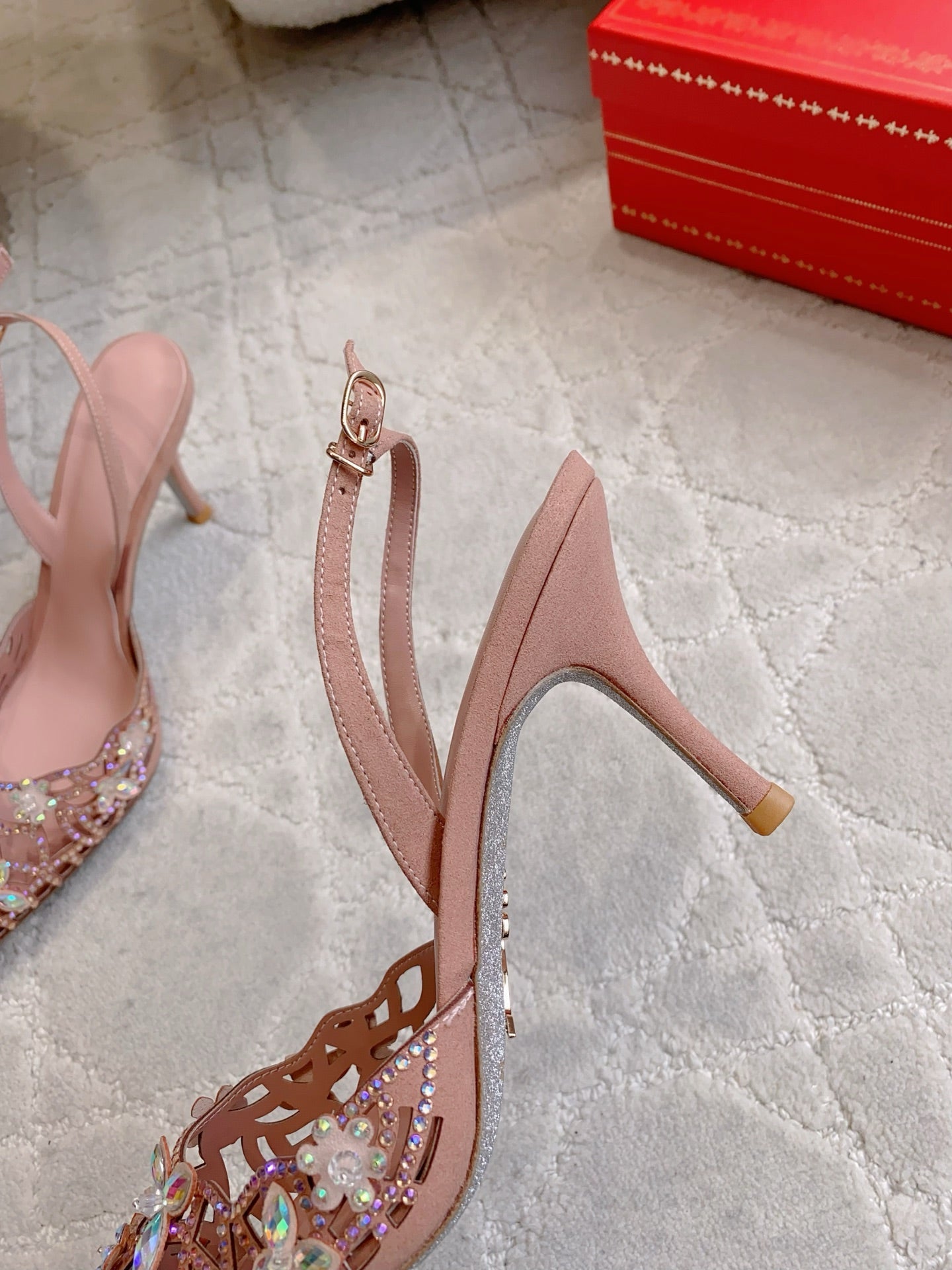 RENE CAOVILLA 26S HEELED SLINGBACKS 65 MM IN NUDE PINK CRYSTAL FLOWERS