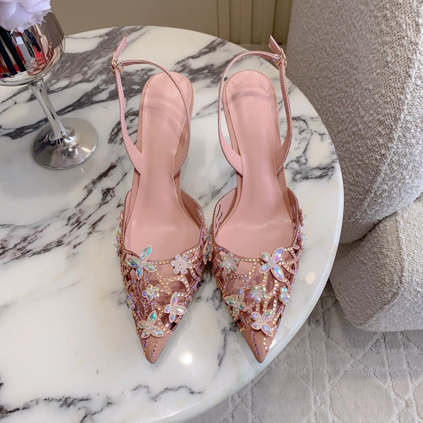 RENE CAOVILLA 26S HEELED SLINGBACKS 65 MM IN NUDE PINK CRYSTAL FLOWERS