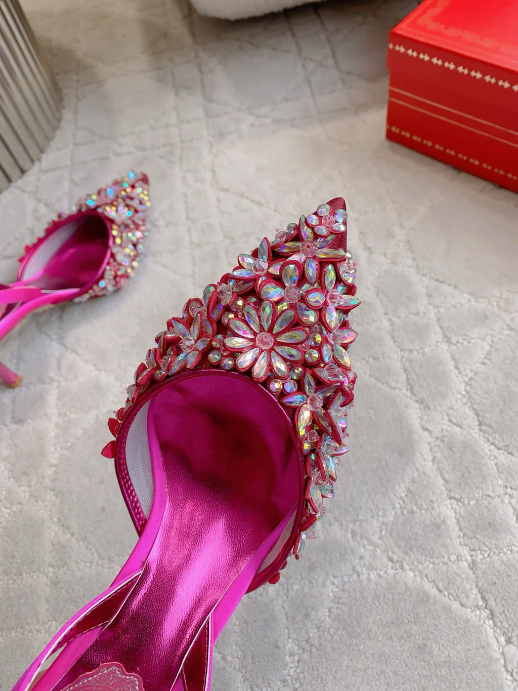 RENE CAOVILLA 26S HEELED SLINGBACKS 65 MM IN DARK PINK CRYSTAL FLOWERS