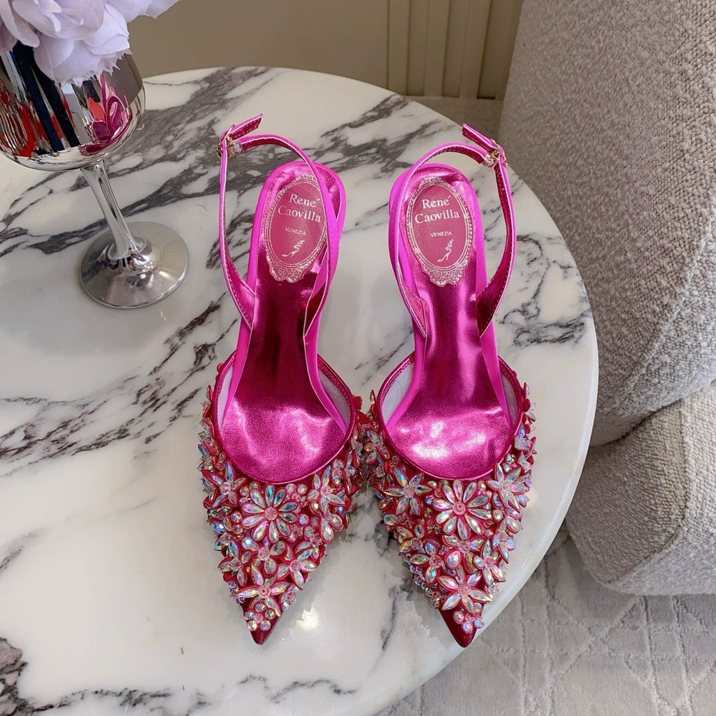 RENE CAOVILLA 26S HEELED SLINGBACKS 65 MM IN DARK PINK CRYSTAL FLOWERS