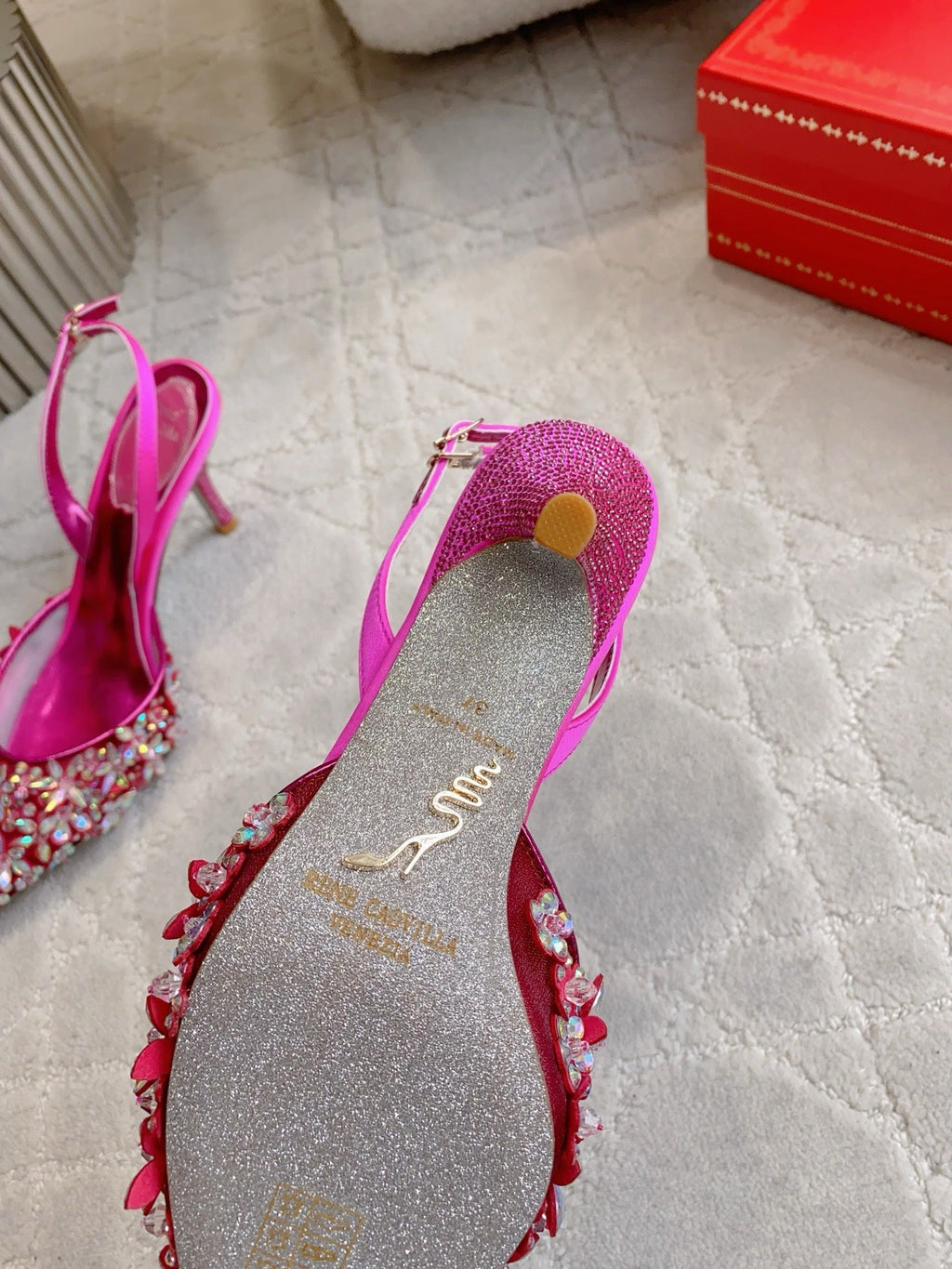 RENE CAOVILLA 26S HEELED SLINGBACKS 65 MM IN DARK PINK CRYSTAL FLOWERS
