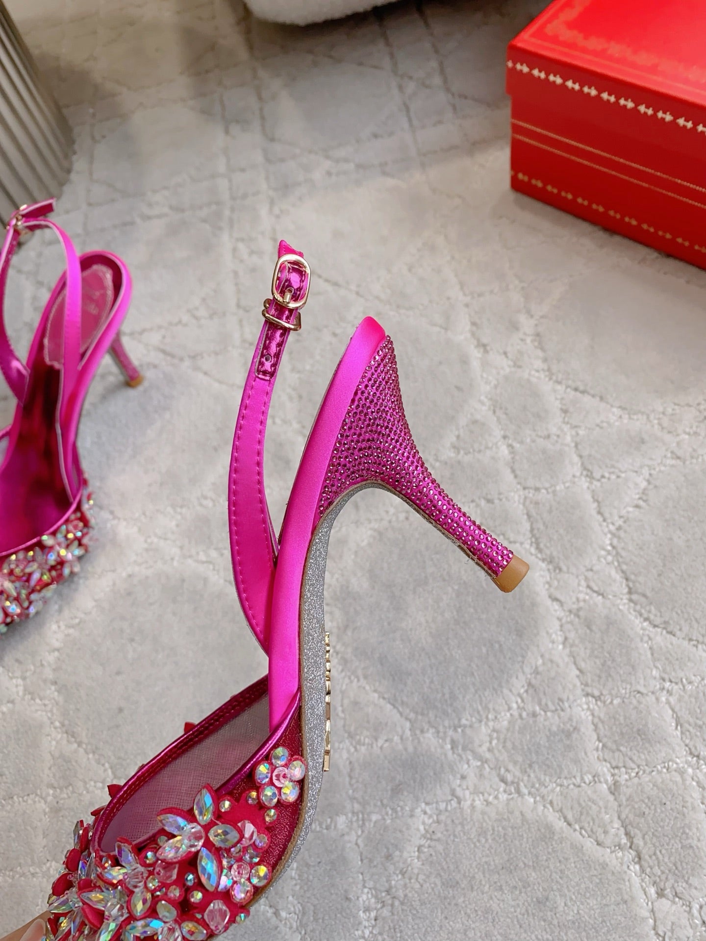 RENE CAOVILLA 26S HEELED SLINGBACKS 65 MM IN DARK PINK CRYSTAL FLOWERS
