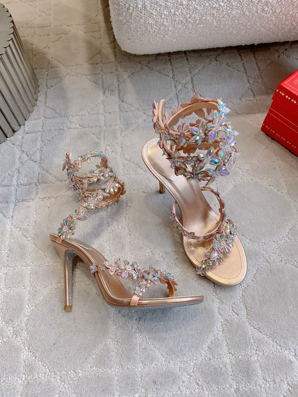 RENE CAOVILLA 26S HEEL SANDALS 95 MM IN ROSE GOLD LAMBSKIN CRYSTAL FLOWER EMBELLISHMENTS