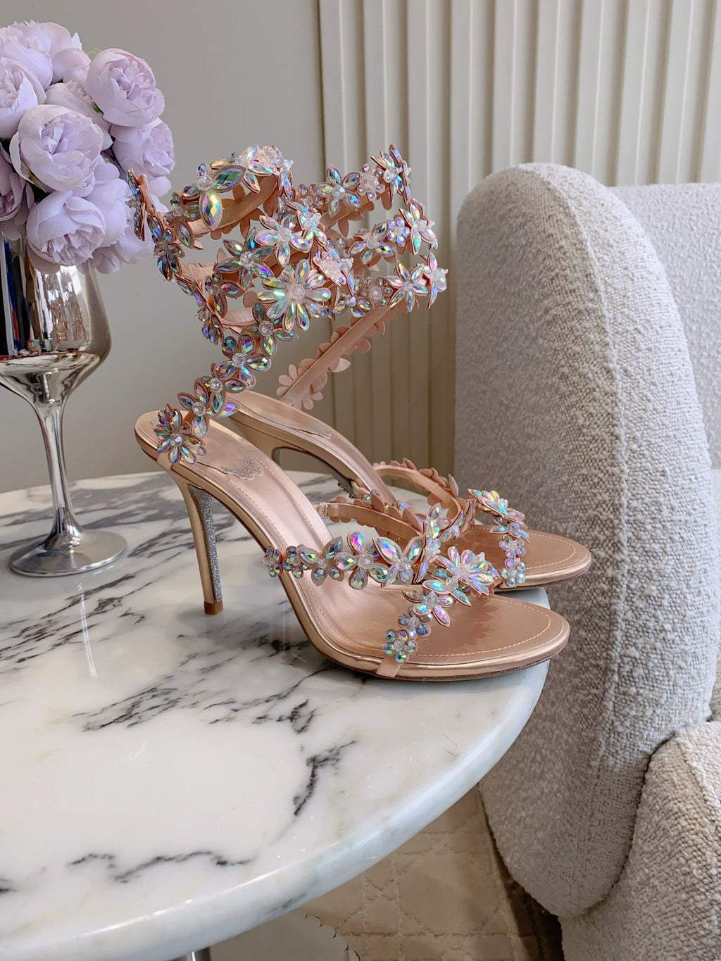 RENE CAOVILLA 26S HEEL SANDALS 95 MM IN ROSE GOLD LAMBSKIN CRYSTAL FLOWER EMBELLISHMENTS