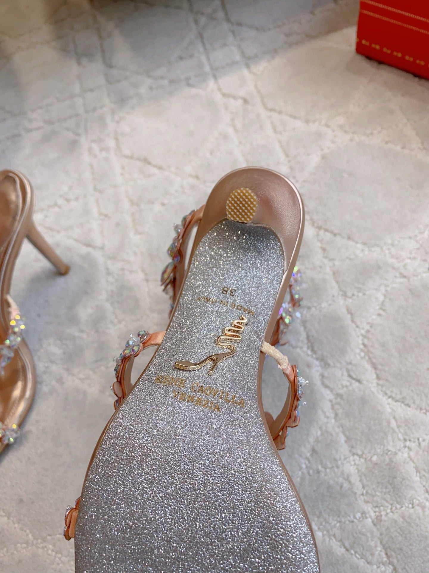 RENE CAOVILLA 26S HEEL SANDALS 95 MM IN ROSE GOLD LAMBSKIN CRYSTAL FLOWER EMBELLISHMENTS
