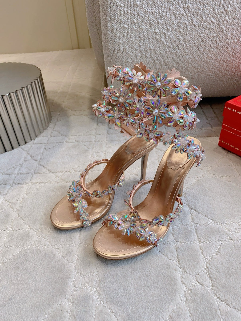 RENE CAOVILLA 26S HEEL SANDALS 95 MM IN ROSE GOLD LAMBSKIN CRYSTAL FLOWER EMBELLISHMENTS