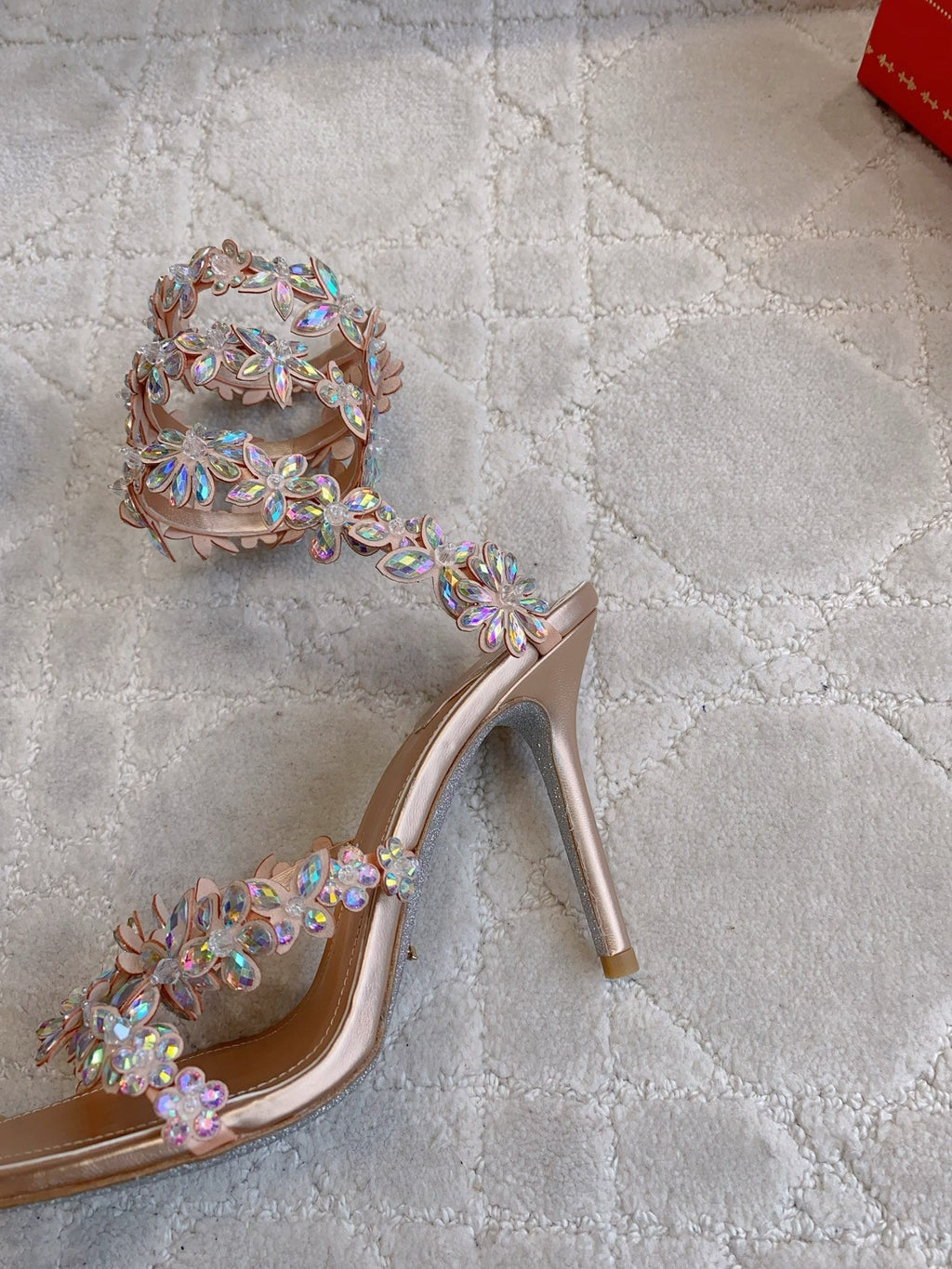 RENE CAOVILLA 26S HEEL SANDALS 95 MM IN ROSE GOLD LAMBSKIN CRYSTAL FLOWER EMBELLISHMENTS