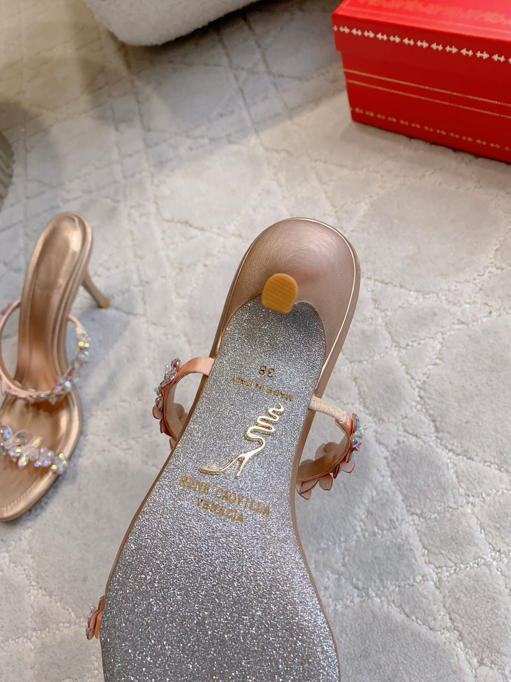 RENE CAOVILLA 26S HEEL SANDALS 65 MM IN ROSE GOLD LAMBSKIN CRYSTAL FLOWER EMBELLISHMENTS
