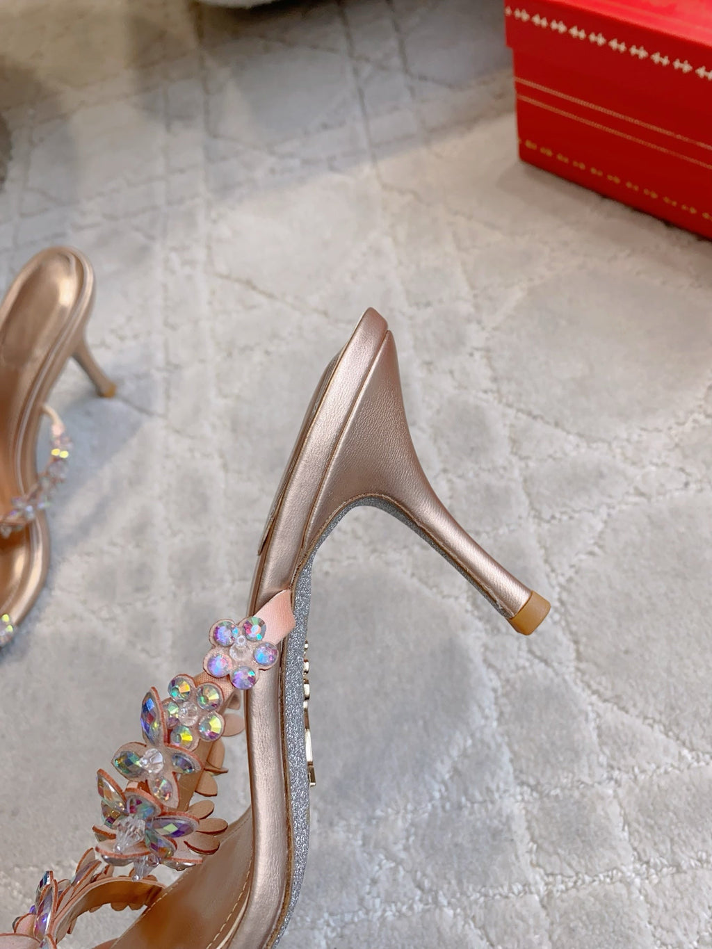 RENE CAOVILLA 26S HEEL SANDALS 65 MM IN ROSE GOLD LAMBSKIN CRYSTAL FLOWER EMBELLISHMENTS