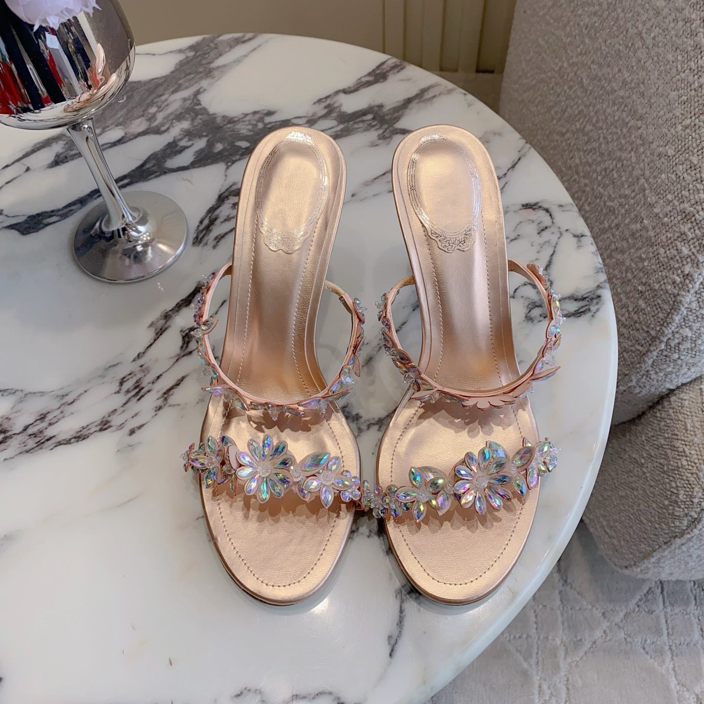 RENE CAOVILLA 26S HEEL SANDALS 65 MM IN ROSE GOLD LAMBSKIN CRYSTAL FLOWER EMBELLISHMENTS